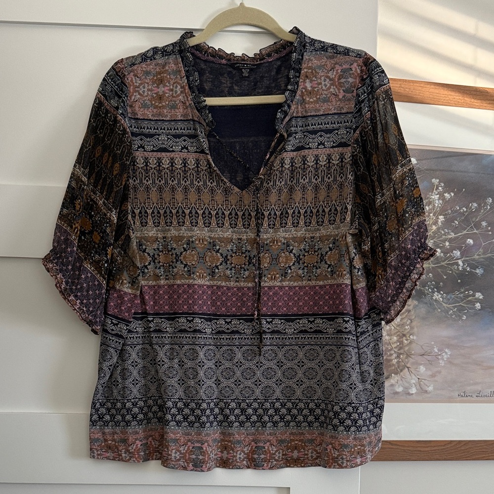 Lucky Brand Multicolor Boho Print V-Neck Blouse
